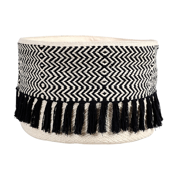 Cotton Black Pattern Basket with Tassels